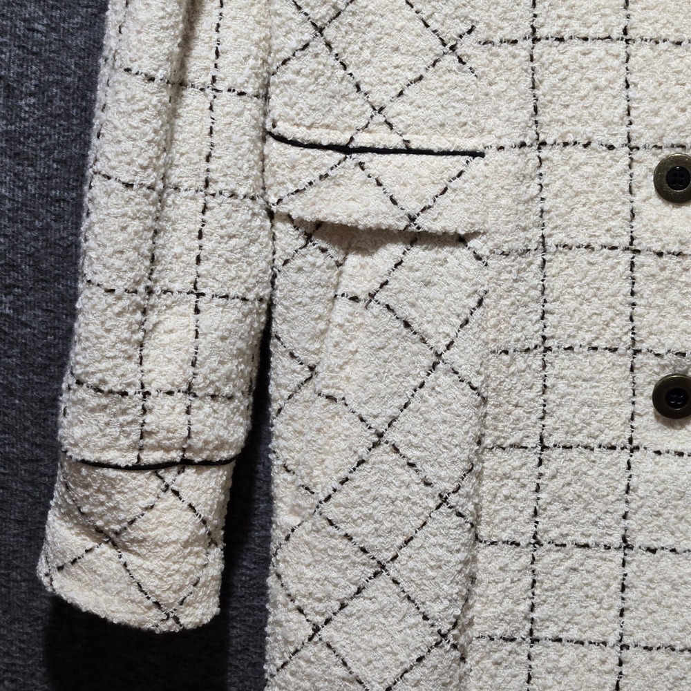 Free People Women's Check Grid Long Over Coat Jacket Sz 8 Ivory / Cream - Picture 2 of 11
